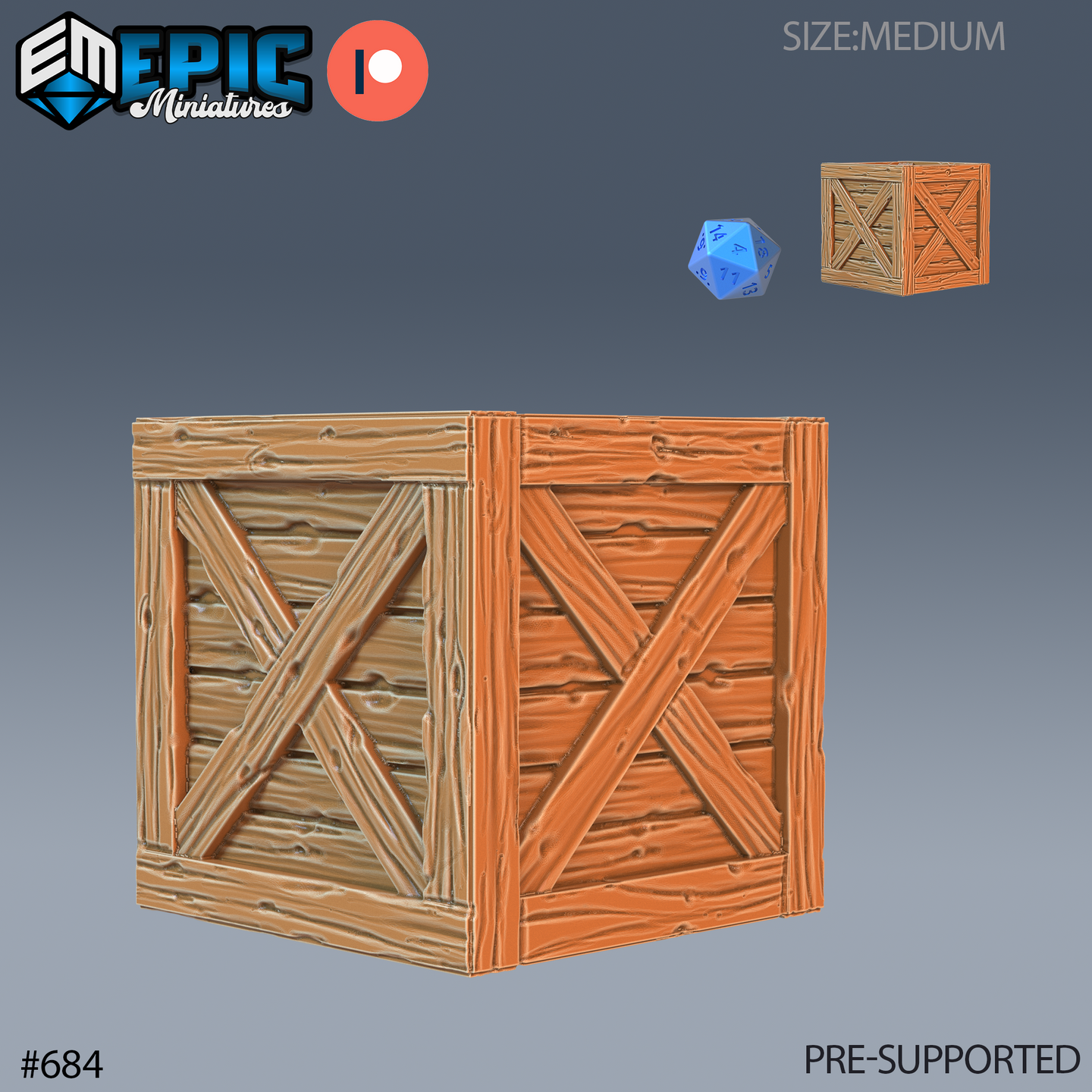 Digital render of a medium-sized resin wooden crate scatter terrain piece by Epic Miniatures, showing cross-braced plank detailing on all visible faces, with a d20 and scale reference inset in the top right corner