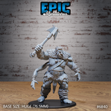Snarling half-troll giant raising a double-headed axe overhead, muscular body draped in fur and hide pelts, rope bindings at wrists and ankles, skull beads on chest strap, huge clawed feet. Sculpt by Epic Miniatures.