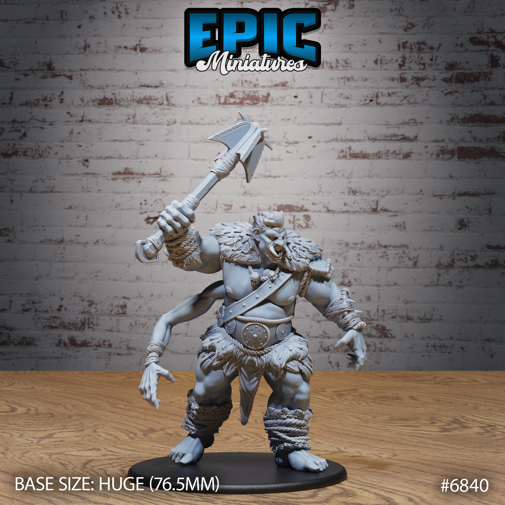 Snarling half-troll giant raising a double-headed axe overhead, muscular body draped in fur and hide pelts, rope bindings at wrists and ankles, skull beads on chest strap, huge clawed feet. Sculpt by Epic Miniatures.