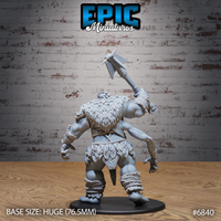Half-troll giant seen from behind, axe raised overhead, layered feathered and leafed pelt covering the back and shoulders, thick rope coils at limbs, studded belt, tail visible at base. Sculpt by Epic Miniatures.