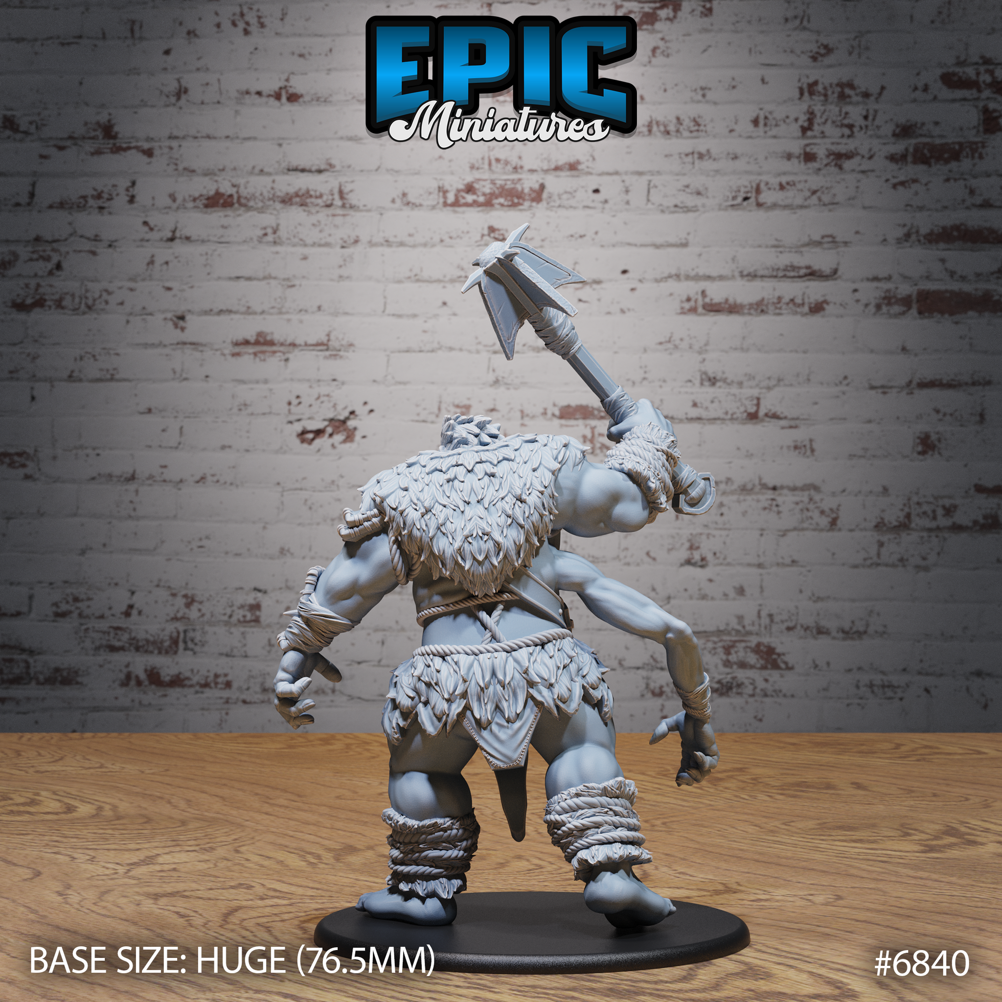 Half-troll giant seen from behind, axe raised overhead, layered feathered and leafed pelt covering the back and shoulders, thick rope coils at limbs, studded belt, tail visible at base. Sculpt by Epic Miniatures.