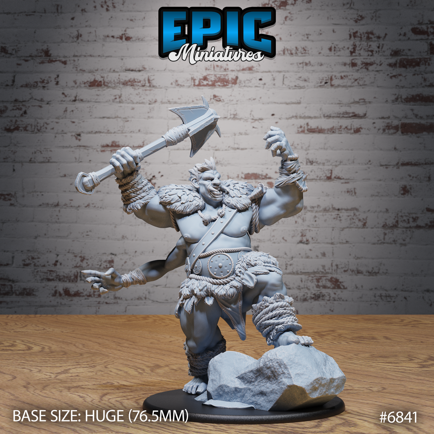 Massive broad-featured giant roaring with mouth open, raising a large battle axe overhead in one hand and clawing outward with the other, wearing a fur mantle, studded belt, and rope bindings on forearms and ankles, standing on a rocky scenic base. Sculpt by Epic Miniatures.