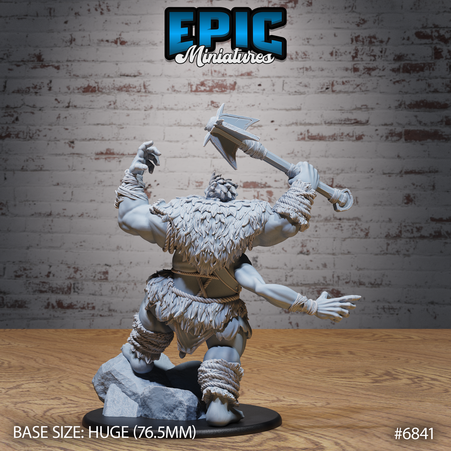 Heavily muscled giant viewed from behind, dense layered fur mantle covering the upper back, rope bindings wrapped around forearms and ankles, battle axe raised high in one hand, opposite arm extended outward, standing on a rocky scenic base. Sculpt by Epic Miniatures.