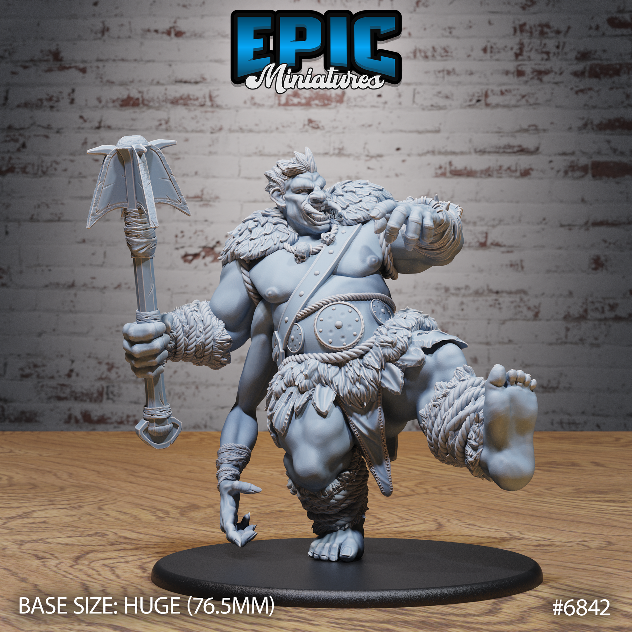 Massive broad-featured half-troll raising a twin-headed axe in one hand, one leg kicked forward mid-stride, wearing a fur cloak, skull bandolier, and studded belt with rope wrappings on wrists and ankles. Sculpt by Epic Miniatures.