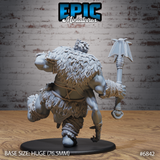 Half-troll giant seen from behind, thick layered fur cloak covering the back and shoulders, twin-headed axe raised in the right hand, rope-wrapped wrists and bare feet visible, one leg raised mid-step. Sculpt by Epic Miniatures.