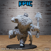 Half-troll giant seen from behind, thick layered fur cloak covering the back and shoulders, twin-headed axe raised in the right hand, rope-wrapped wrists and bare feet visible, one leg raised mid-step. Sculpt by Epic Miniatures.