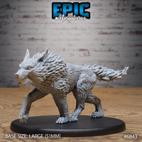 Ferocious dire wolf sculpt in a low stalking stance, head turned and jaws wide in a snarl, with dense layered fur and raised hackles. Mounted on a large oval base. Sculpt by Epic Miniatures.