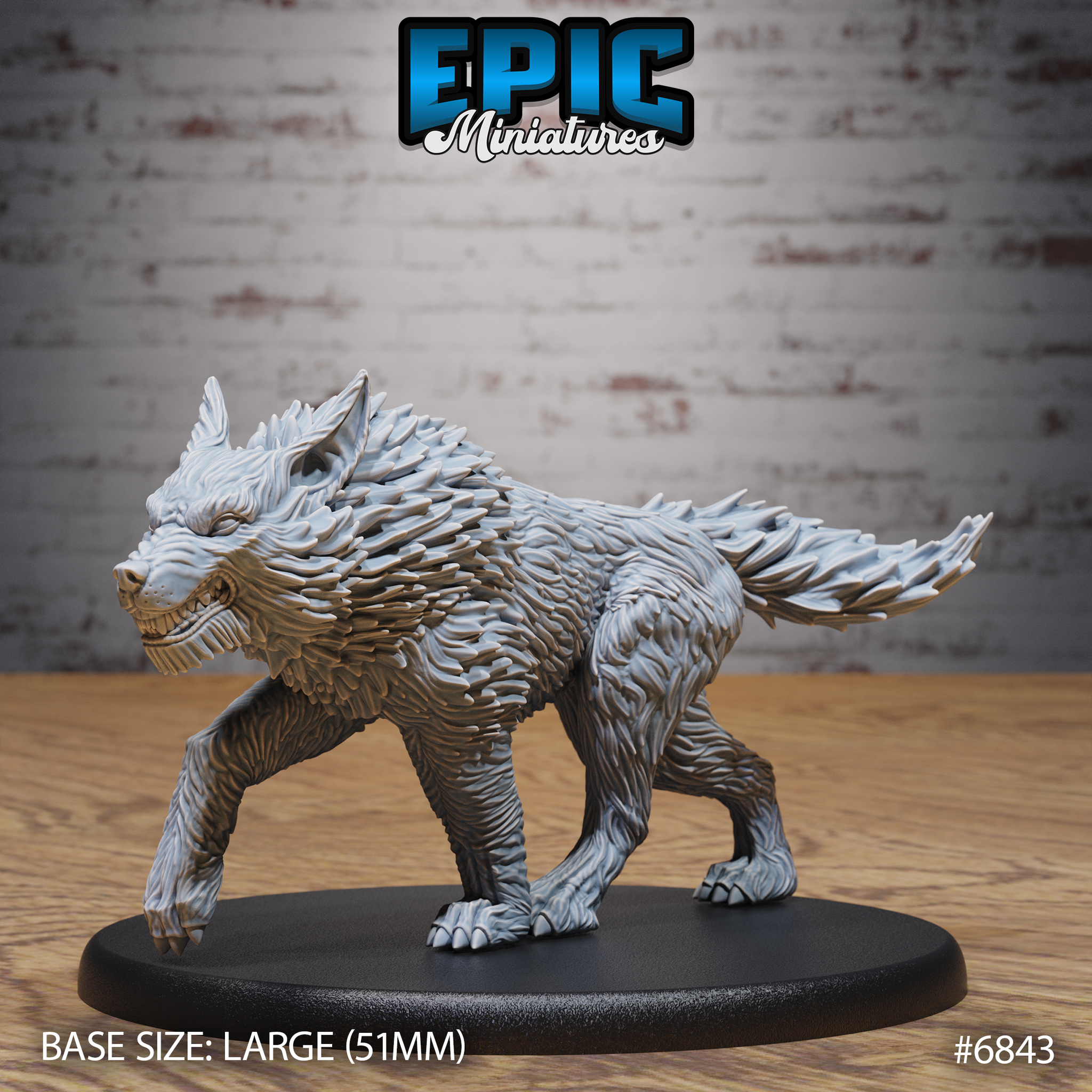 Ferocious dire wolf sculpt in a low stalking stance, head turned and jaws wide in a snarl, with dense layered fur and raised hackles. Mounted on a large oval base. Sculpt by Epic Miniatures.