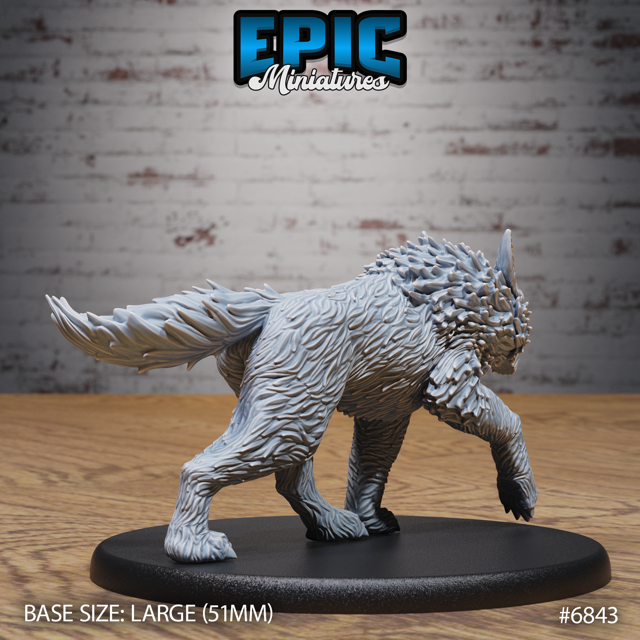 Dire wolf sculpt viewed from the rear-quarter, showing broad muscular haunches, a thick fur-covered tail raised high, and a dense cluster of raised feather-like tufts across the shoulders. Sculpt by Epic Miniatures.