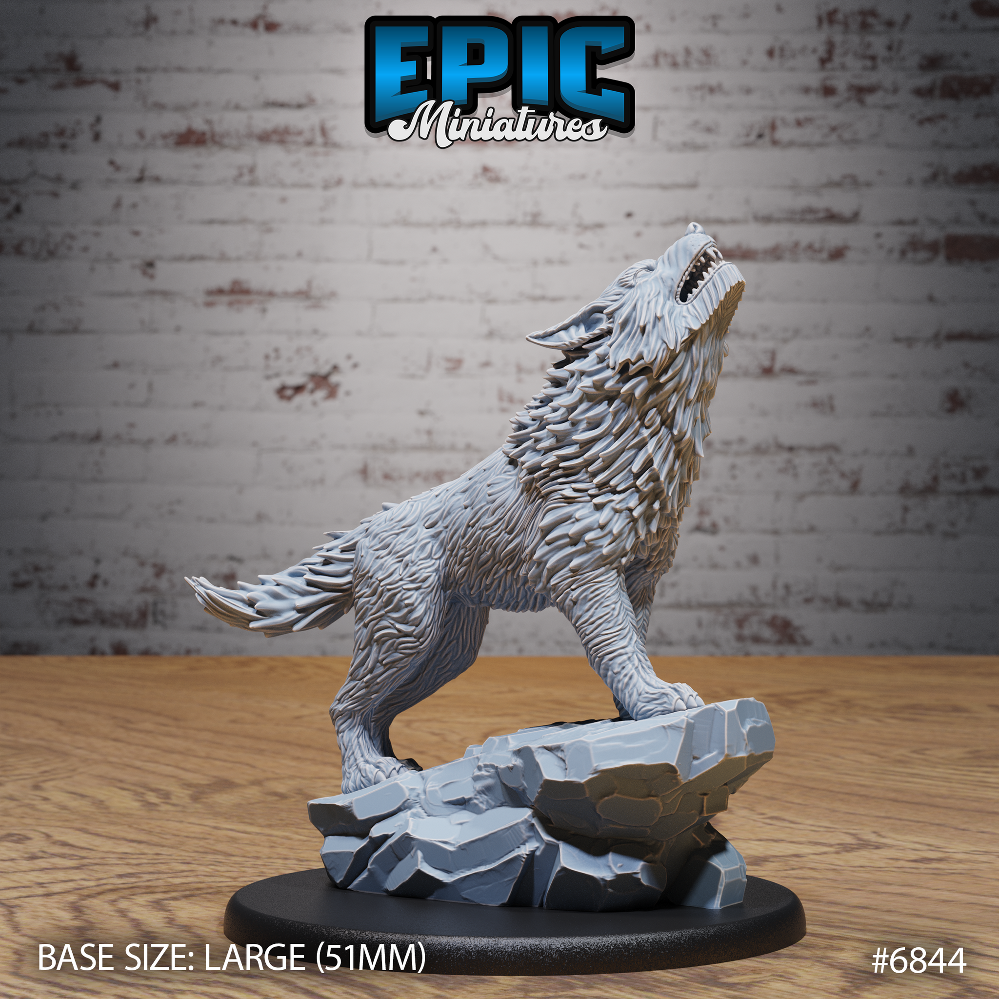Dire wolf rearing up on hind legs, head thrown back in a full howl, jaws wide open showing teeth, dense layered fur across chest and shoulders, mounted on a fractured rocky crag base. Sculpt by Epic Miniatures.