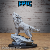 Dire wolf in mid-howl pose with muzzle raised skyward, long fur fronds sweeping along flanks and bushy tail, standing on an angular stone outcrop base with a large oval gaming base. Sculpt by Epic Miniatures.