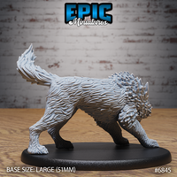 Dire wolf miniature seen from behind showing dense layered fur across the haunches and raised hackles at the neck and shoulders, tail fanned wide, body in a forward-driving stalking posture. Epic Miniatures sculpt on a large oval base.