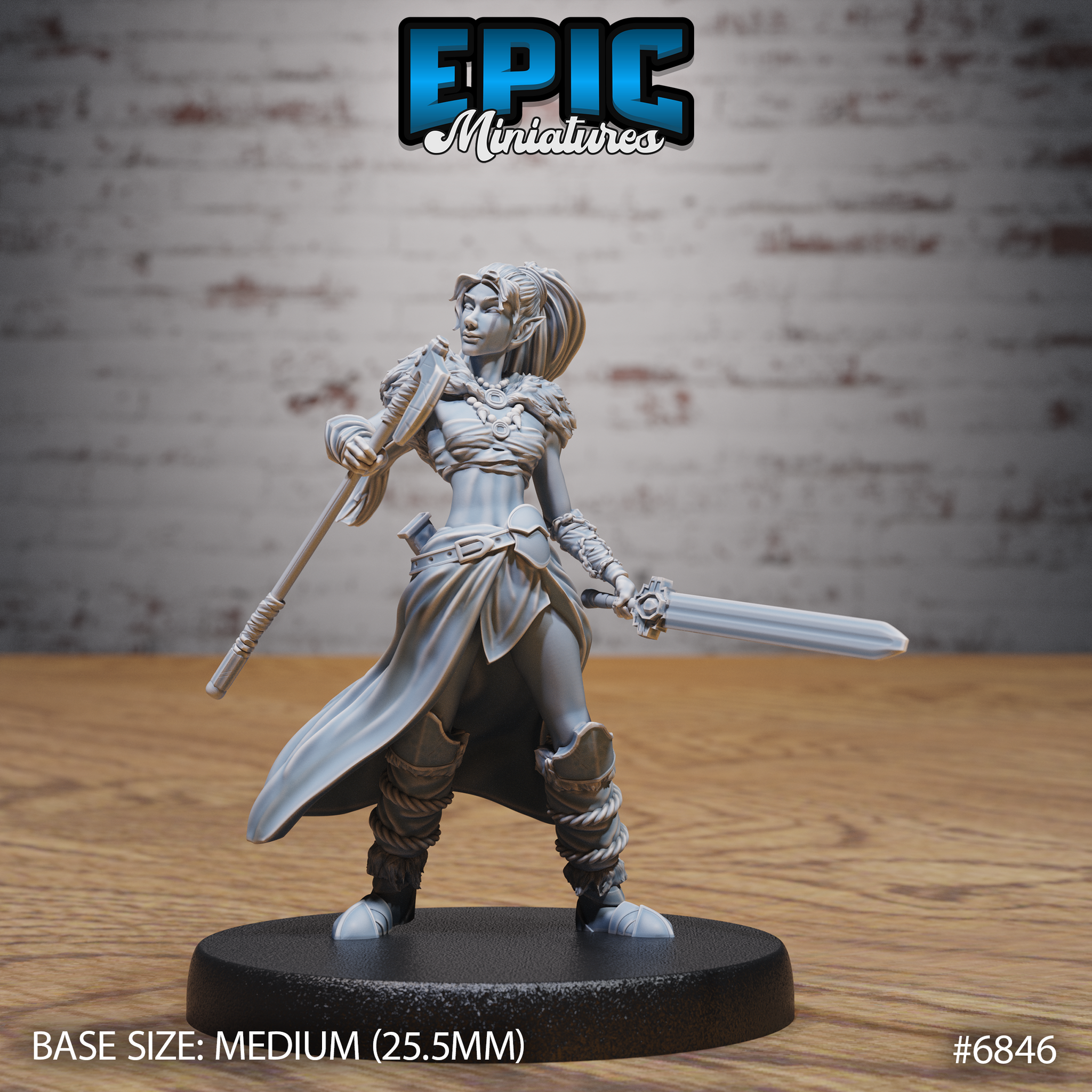 Female elf barbarian standing wide-legged, holding a longsword in her right hand and a staff across her body in her left, wearing a split cloak, leather armour, and rope-wrapped greaves. Sculpt by Epic Miniatures.