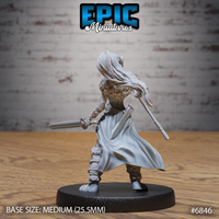 Female elf barbarian seen from behind, long hair flowing freely down her back, cloak billowing to one side, longsword raised in her right hand and staff trailing in her left. Sculpt by Epic Miniatures.