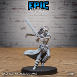 Elven female barbarian in a wide combat stance gripping a long two-handed sword angled upward, wearing fur-collared wrap, leather belt, rope-bound shin wrappings, and a billowing cape. Sculpt by Epic Miniatures.