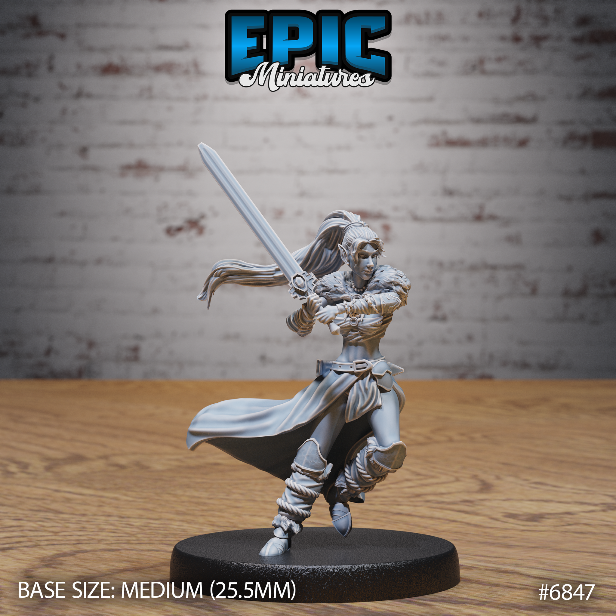Elven female barbarian in a wide combat stance gripping a long two-handed sword angled upward, wearing fur-collared wrap, leather belt, rope-bound shin wrappings, and a billowing cape. Sculpt by Epic Miniatures.
