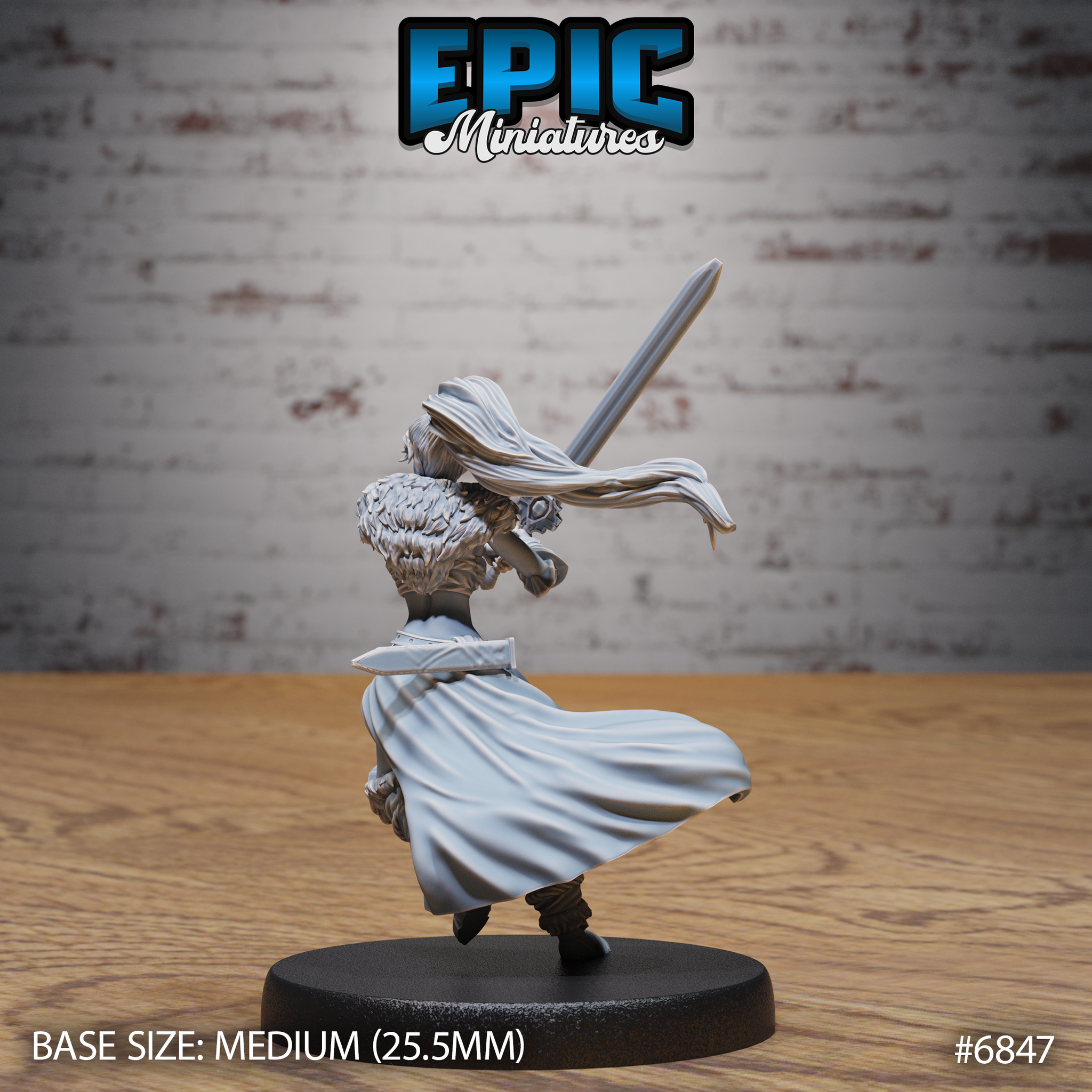 Elven female barbarian seen from behind, long hair and cape swept forward mid-turn, two-handed sword raised diagonally overhead, fur shoulder wrap and layered travelling clothes visible. Sculpt by Epic Miniatures.