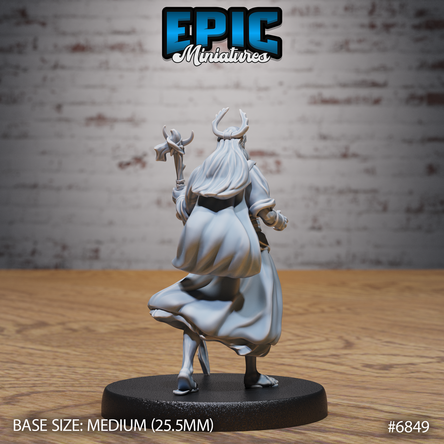 Antlered druid figure seen from behind, long hair spreading across shoulders, gnarled staff raised above head, wide flowing robes with sculpted movement at the hem, standing on a round base. Sculpt by Epic Miniatures.