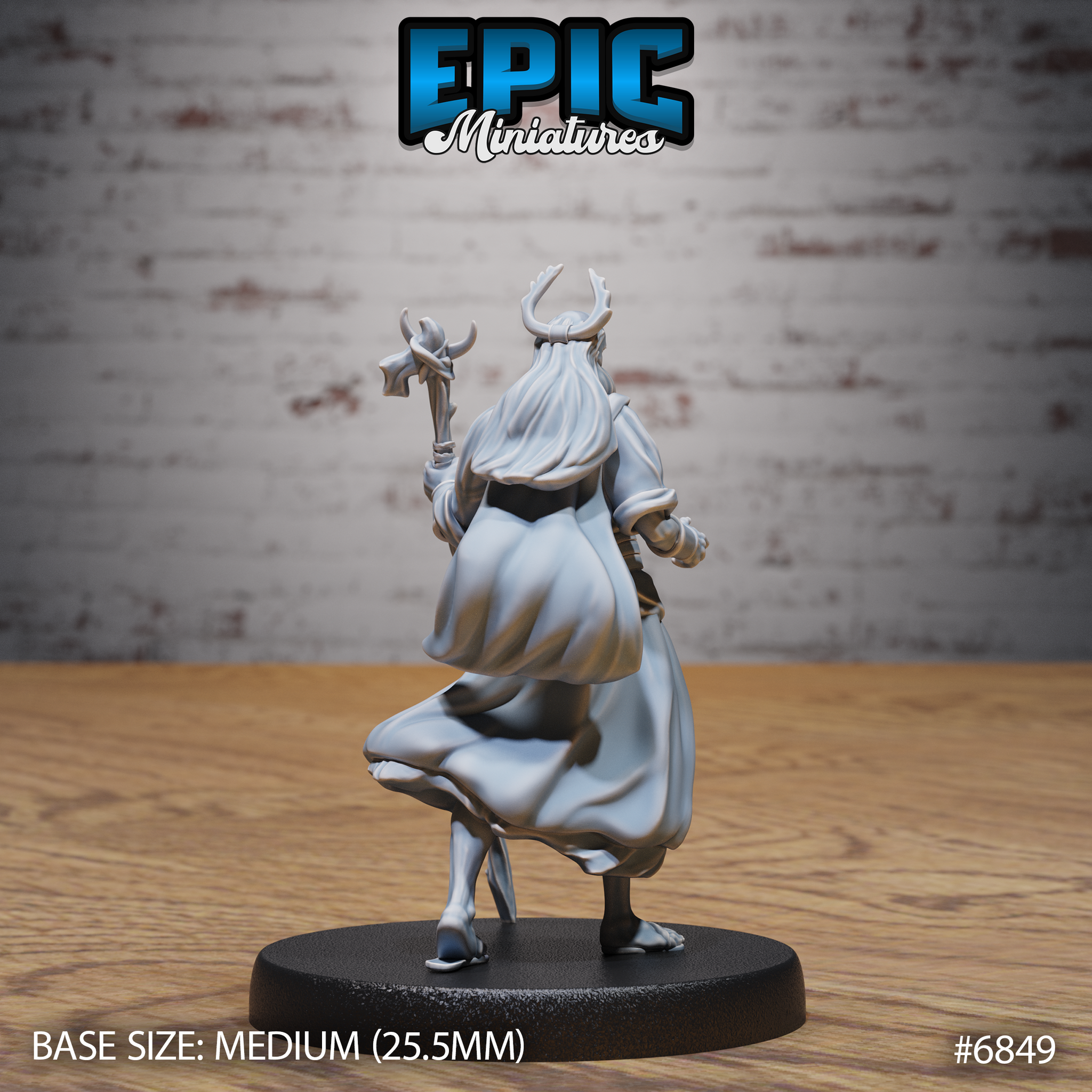 Antlered druid figure seen from behind, long hair spreading across shoulders, gnarled staff raised above head, wide flowing robes with sculpted movement at the hem, standing on a round base. Sculpt by Epic Miniatures.