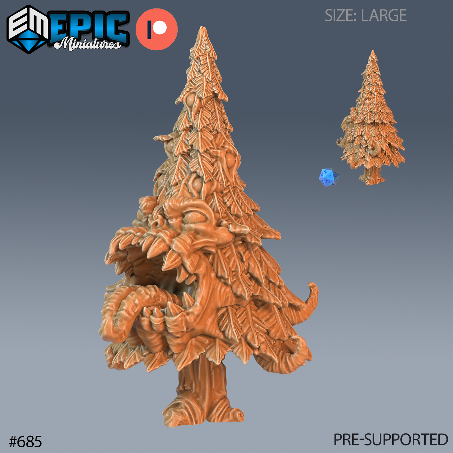 Digital render of the Mimic Tree miniature by Epic Miniatures — a large conifer creature with layered needle foliage concealing a wide-open toothed maw, clawed arms, and stubby root feet. Shown in raw resin orange with a d20 for scale. A plain tree variant appears in the background for size comparison.