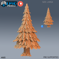 Digital render of a large unpainted resin pine tree terrain miniature by Epic Miniatures, showing dense tiered conifer foliage and gnarled bark, with a smaller companion tree and blue d20 for scale reference