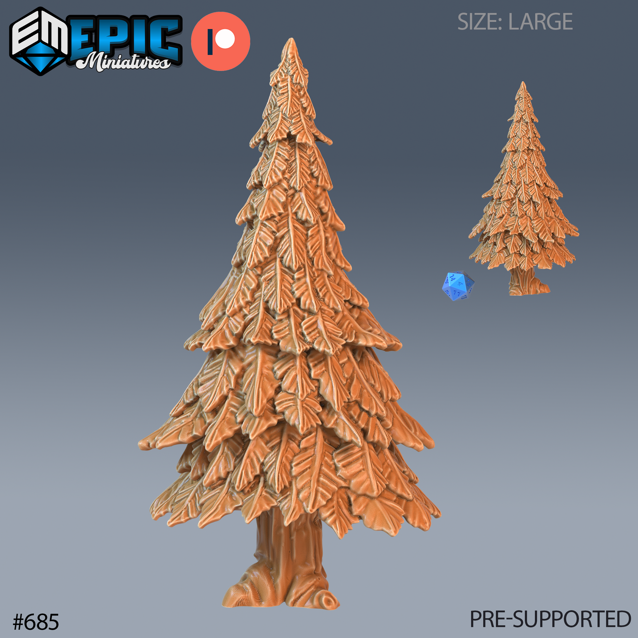 Digital render of a large unpainted resin pine tree terrain miniature by Epic Miniatures, showing dense tiered conifer foliage and gnarled bark, with a smaller companion tree and blue d20 for scale reference