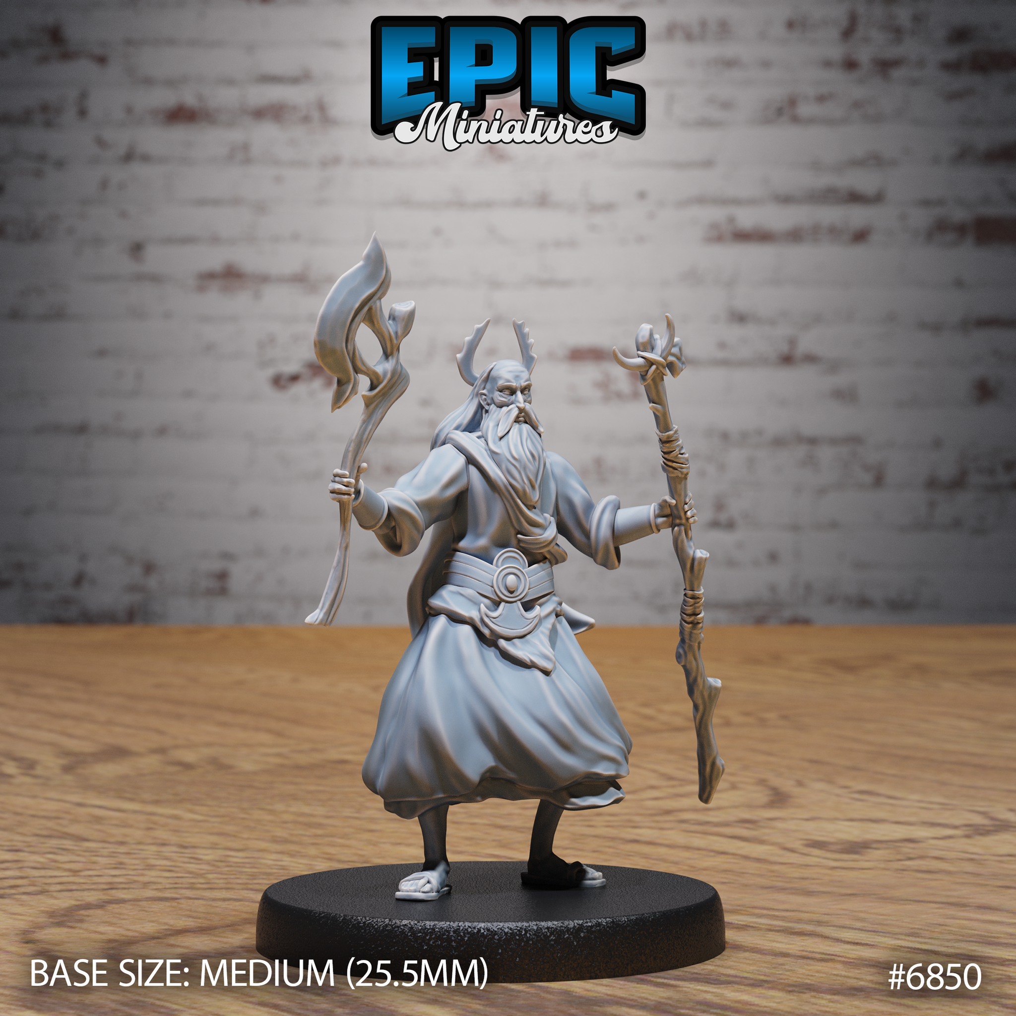 Bearded elder druid striding forward, holding a flame-topped staff in his left hand and a gnarled claw-tipped staff in his right, wearing long flowing robes cinched at the waist, with two short antler-like horns on his head. Sculpt by Epic Miniatures.