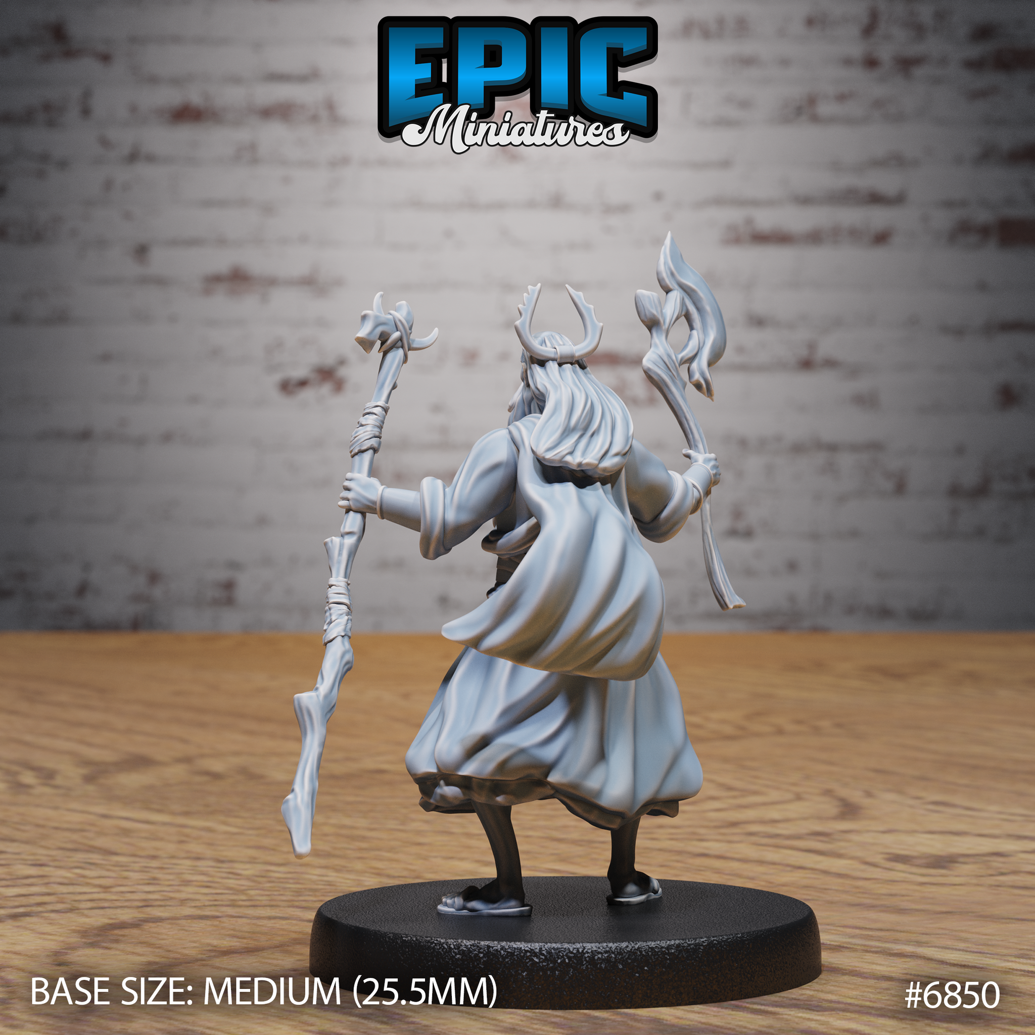 Long-haired, bearded elder druid viewed from behind mid-stride, robes billowing, both staves raised outward — one gnarled and bone-like, one topped with a swept finial — with antler-like horns visible above his flowing white hair. Sculpt by Epic Miniatures.