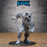 Ferocious yeti rearing upright with jaws wide open, one clawed arm lunging forward and the other pulled back, covered in jagged fur tufts across limbs and mane. Epic Miniatures sculpt on a huge round base.