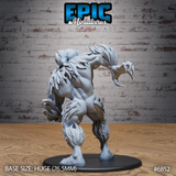 Yeti sculpt viewed from behind showing dense layered fur tufting across the back, broad muscular shoulders, and a raised clawed hand curling outward. Thick legs end in wide splayed feet. Epic Miniatures.