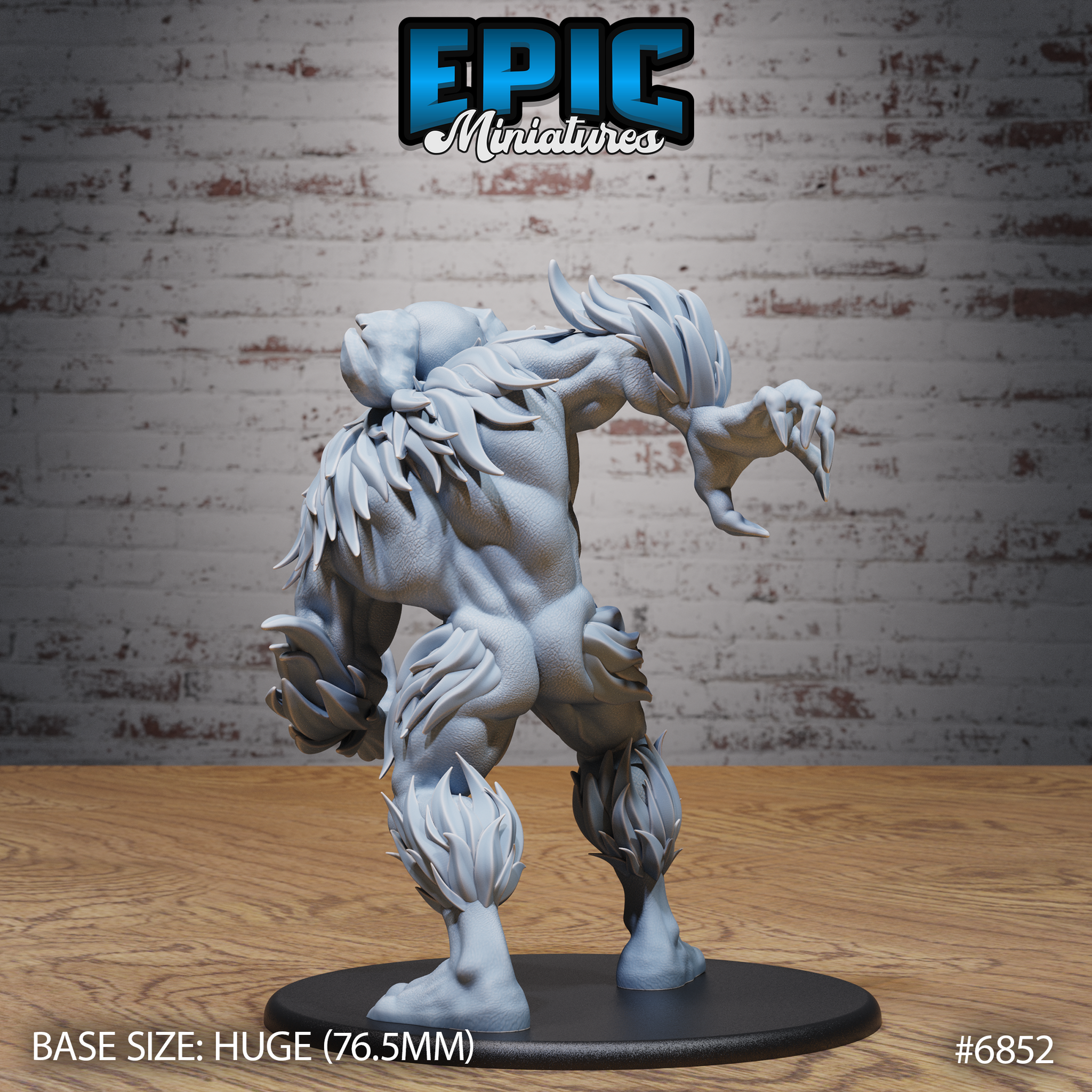 Yeti sculpt viewed from behind showing dense layered fur tufting across the back, broad muscular shoulders, and a raised clawed hand curling outward. Thick legs end in wide splayed feet. Epic Miniatures.