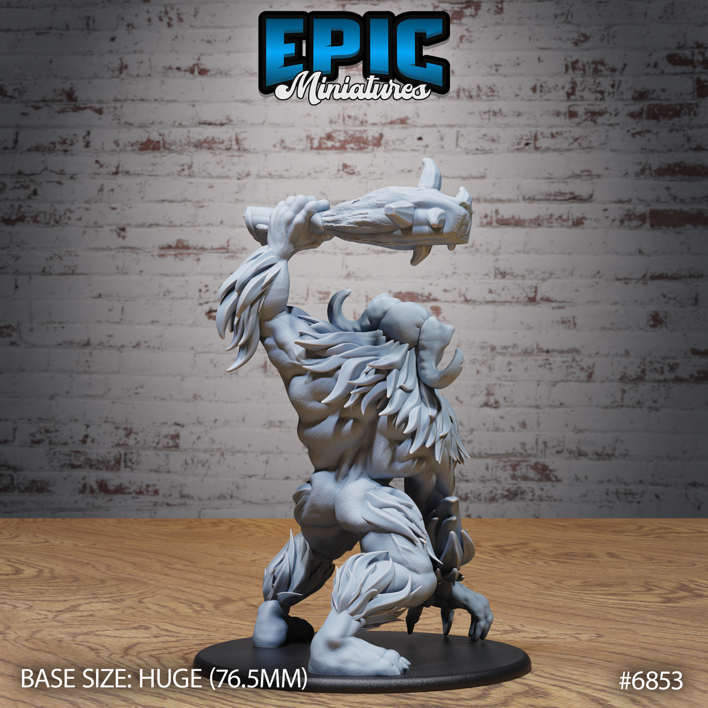 Abominable yeti crouched low with a bone club hoisted high behind its head, broad muscular back and layered fur visible, clawed feet spread wide on an oval base, deep fur texture across haunches and spine. Sculpt by Epic Miniatures.