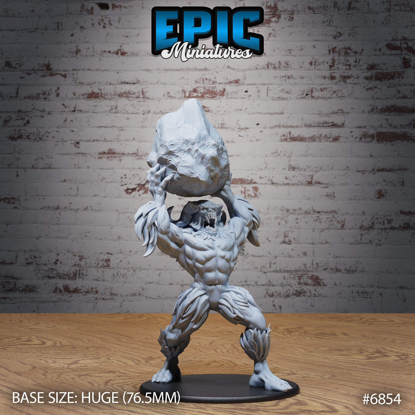 Massive yeti miniature standing wide-legged, hoisting a large jagged boulder overhead with both clawed hands, maw open in a snarl, dense shaggy fur across its body. Sculpt by Epic Miniatures.