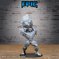 Massive yeti miniature standing wide-legged, hoisting a large jagged boulder overhead with both clawed hands, maw open in a snarl, dense shaggy fur across its body. Sculpt by Epic Miniatures.