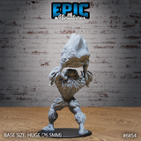 Yeti miniature shown from behind, thick layered fur covering its back and shoulders, both arms raised to carry a large rough-hewn boulder aloft, clawed feet planted firmly on a flat round base. Sculpt by Epic Miniatures.