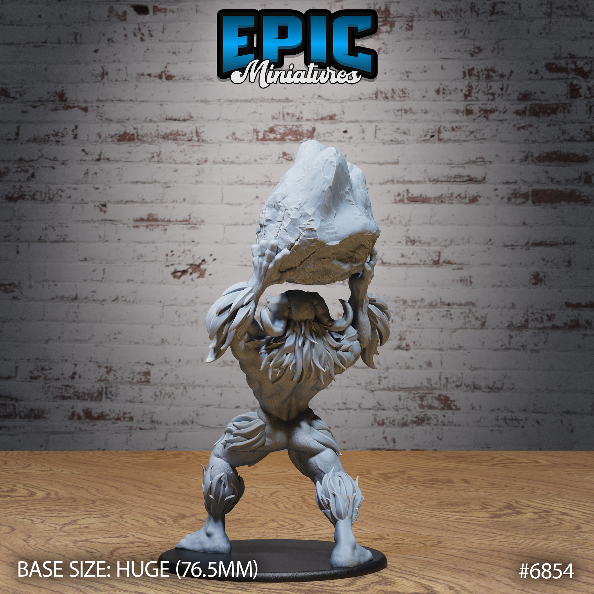 Yeti miniature shown from behind, thick layered fur covering its back and shoulders, both arms raised to carry a large rough-hewn boulder aloft, clawed feet planted firmly on a flat round base. Sculpt by Epic Miniatures.
