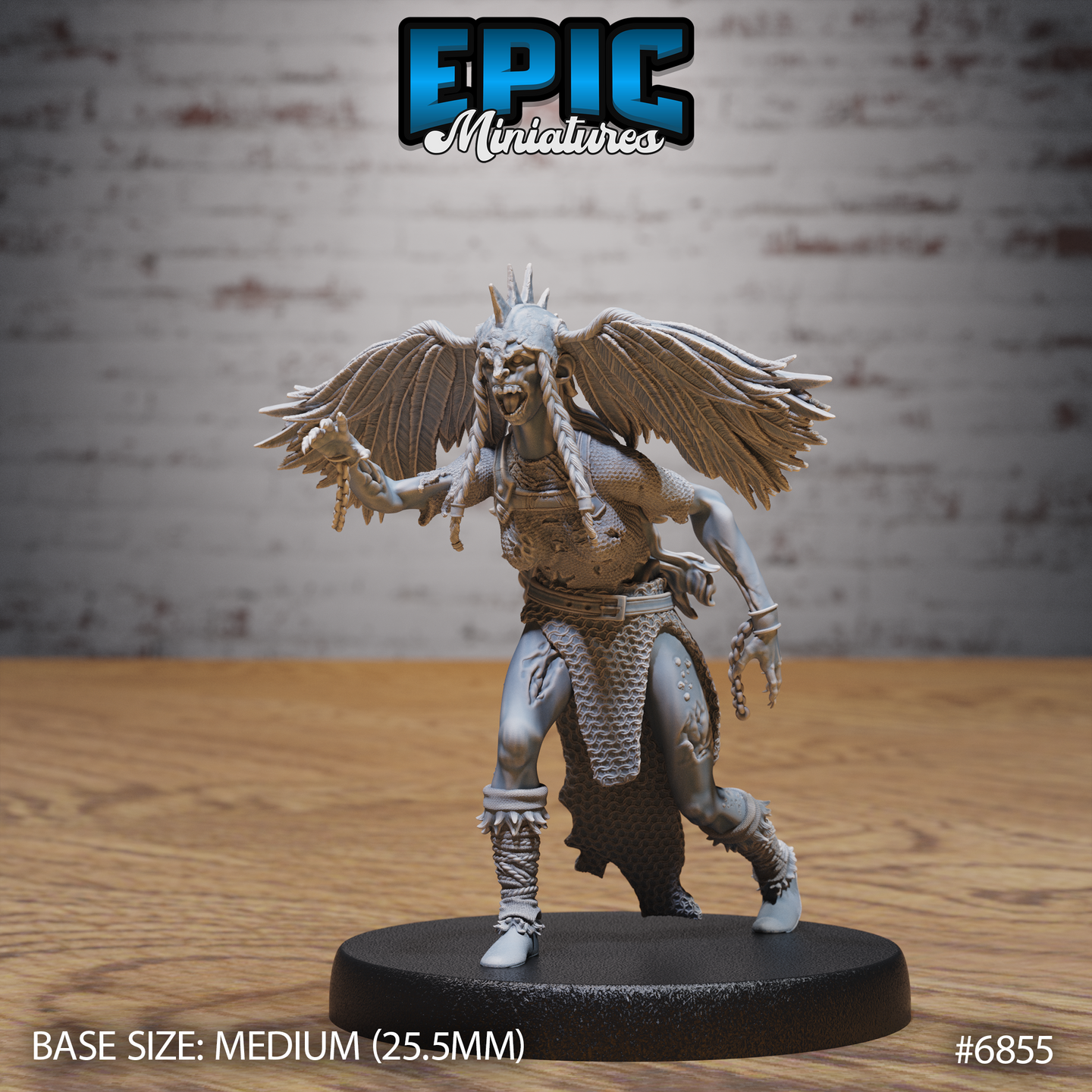 Winged undead female warrior striding forward, mouth open in a snarl, broad feathered wings spread wide, scaled armour and torn leather skirt, chain coiled in one clawed hand, bone crown spines, spiked greaves. Sculpt by Epic Miniatures.