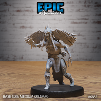 Winged undead female warrior striding forward, mouth open in a snarl, broad feathered wings spread wide, scaled armour and torn leather skirt, chain coiled in one clawed hand, bone crown spines, spiked greaves. Sculpt by Epic Miniatures.