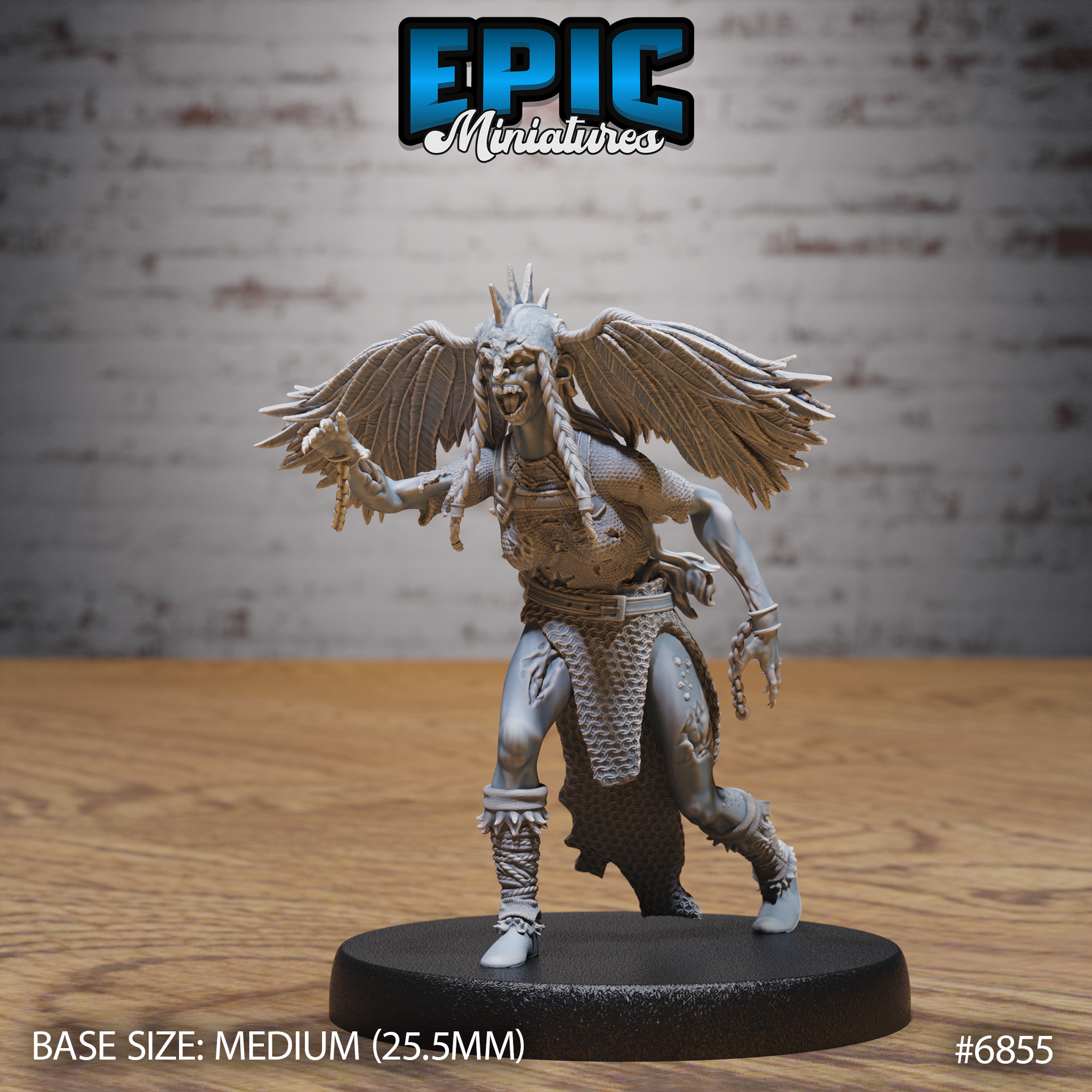 Winged undead female warrior striding forward, mouth open in a snarl, broad feathered wings spread wide, scaled armour and torn leather skirt, chain coiled in one clawed hand, bone crown spines, spiked greaves. Sculpt by Epic Miniatures.