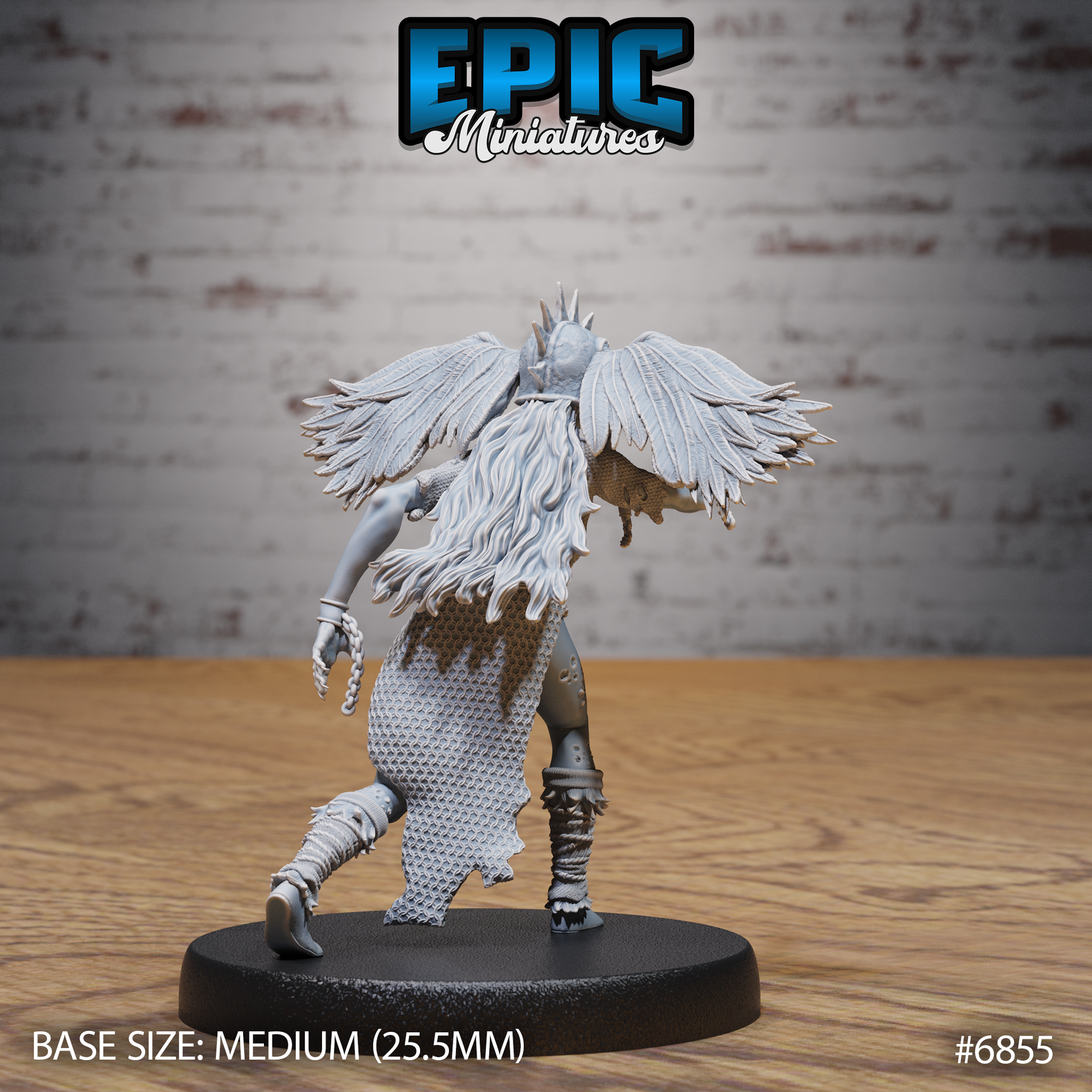 Undead winged warrior seen from behind, wild braided hair cascading between two spread feathered wings, scaled leather armour across the back, chain hanging from one wrist, wrapped legs and spiked greaves mid-stride. Sculpt by Epic Miniatures.