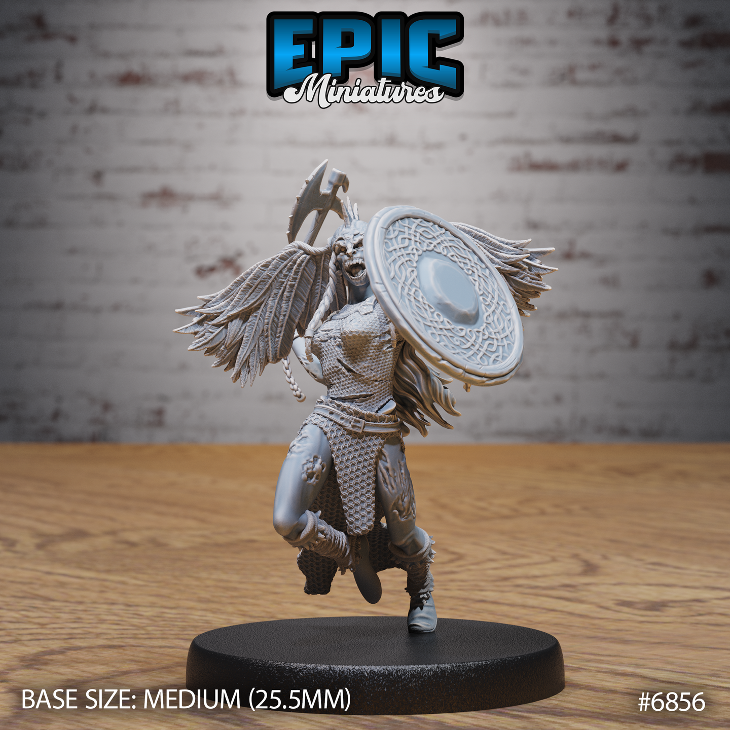 Ferocious undead Valkyrie charging forward, axe raised overhead in right hand, large knotwork round shield held in left, wide feathered wings spread behind her, long wild hair, scale and chainmail armour, snarling expression. Sculpt by Epic Miniatures.