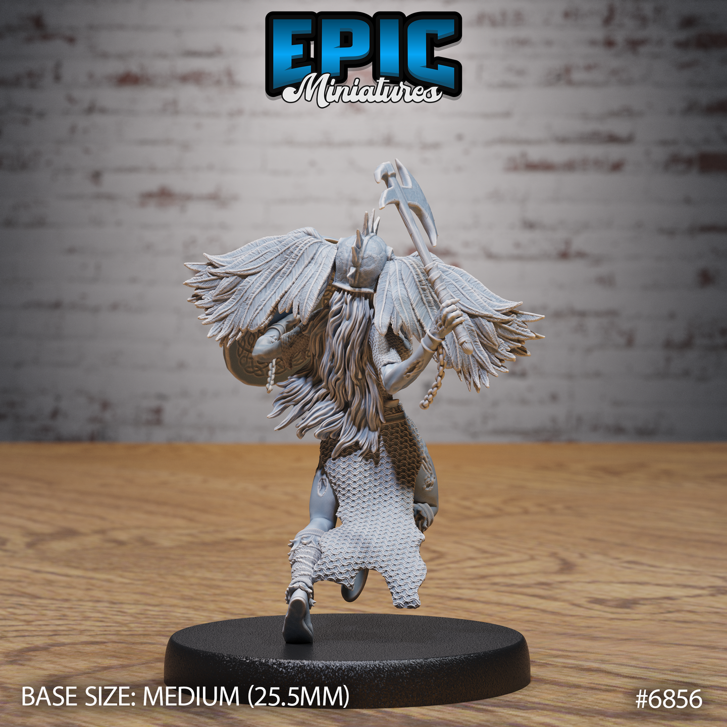 Undead Valkyrie seen from behind mid-charge, axe raised high, dramatic spread of individually feathered wings dominating the silhouette, knotwork detail visible on shield reverse, chainmail skirt and bound leg wraps below. Sculpt by Epic Miniatures.