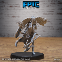 Winged undead valkyrie mid-charge, gripping a broad-bladed axe low, with a round chained shield at her side. Snarling draconic face, braided hair, scale armour and wide feathered wings. By Epic Miniatures.