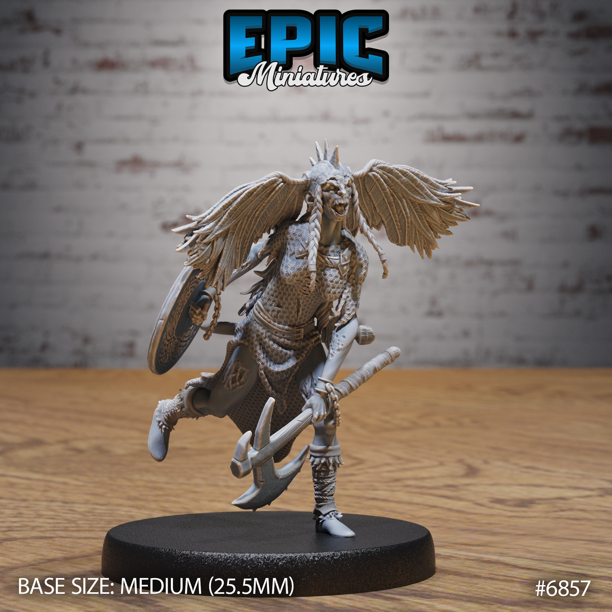 Winged undead valkyrie mid-charge, gripping a broad-bladed axe low, with a round chained shield at her side. Snarling draconic face, braided hair, scale armour and wide feathered wings. By Epic Miniatures.