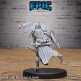 Rear view of the winged undead valkyrie showing cascading wild hair, a sword scabbarded across her back, large feathered wings and a tattered flowing skirt. Scale armour and fur wrappings visible. By Epic Miniatures.