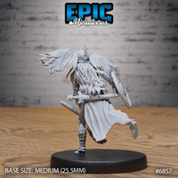 Rear view of the winged undead valkyrie showing cascading wild hair, a sword scabbarded across her back, large feathered wings and a tattered flowing skirt. Scale armour and fur wrappings visible. By Epic Miniatures.
