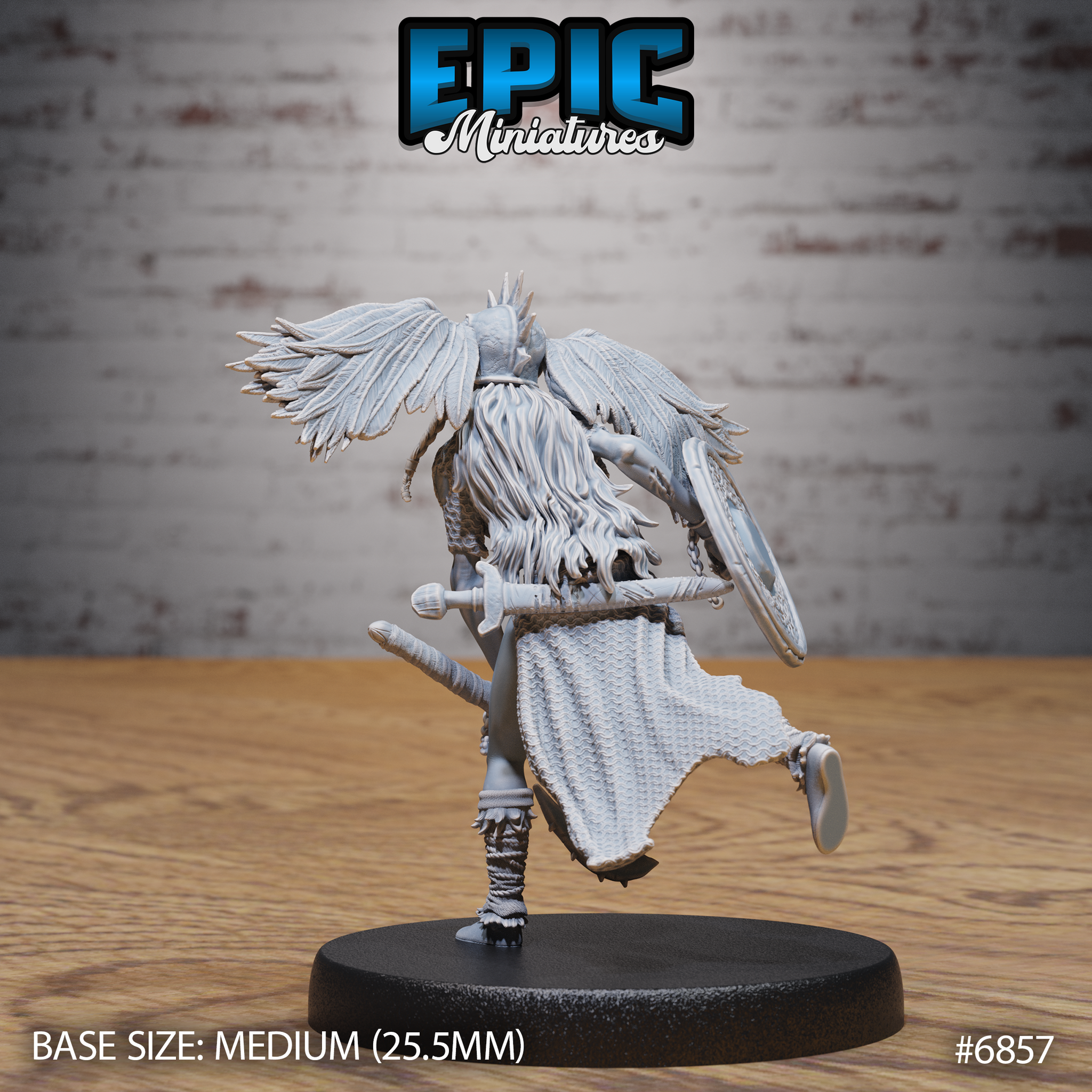 Rear view of the winged undead valkyrie showing cascading wild hair, a sword scabbarded across her back, large feathered wings and a tattered flowing skirt. Scale armour and fur wrappings visible. By Epic Miniatures.