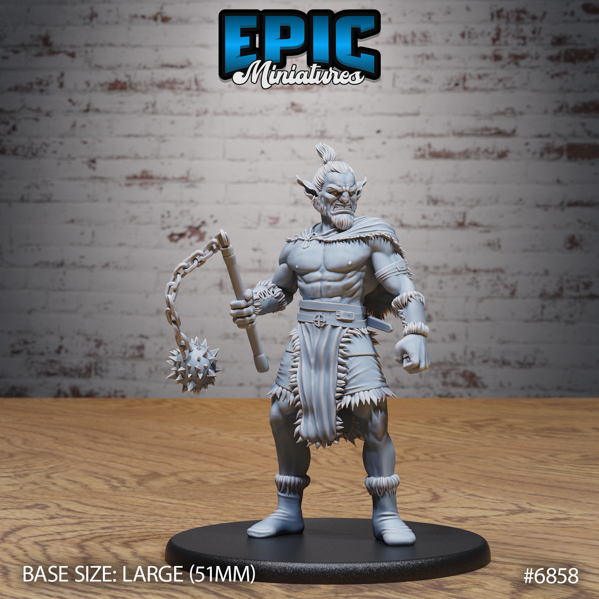 Broad-shouldered Firbolg barbarian, bare-chested with a fur-trimmed cloak, holding a spiked flail on a chain in one raised hand and clenching the other fist, snarling expression, hide skirt and fur-wrapped shins. Sculpt by Epic Miniatures.