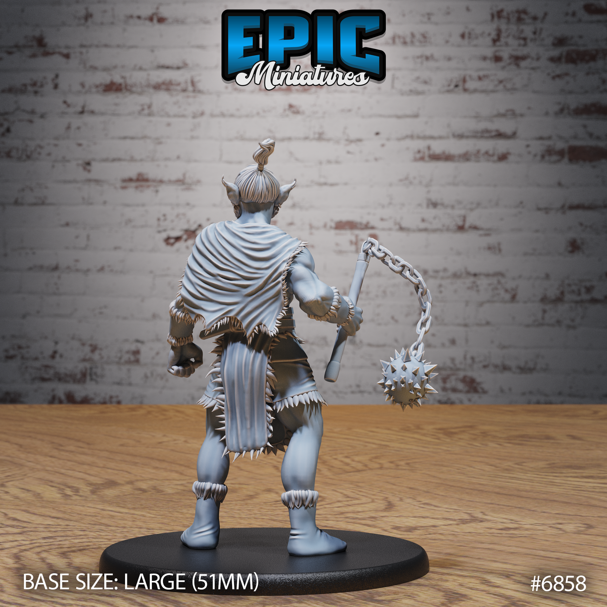 Firbolg barbarian seen from behind, revealing a draped fur cloak with ragged edges, top-knotted hair, and the spiked flail hanging at his side on a heavy chain, fur wraps at wrists and boots visible. Sculpt by Epic Miniatures.