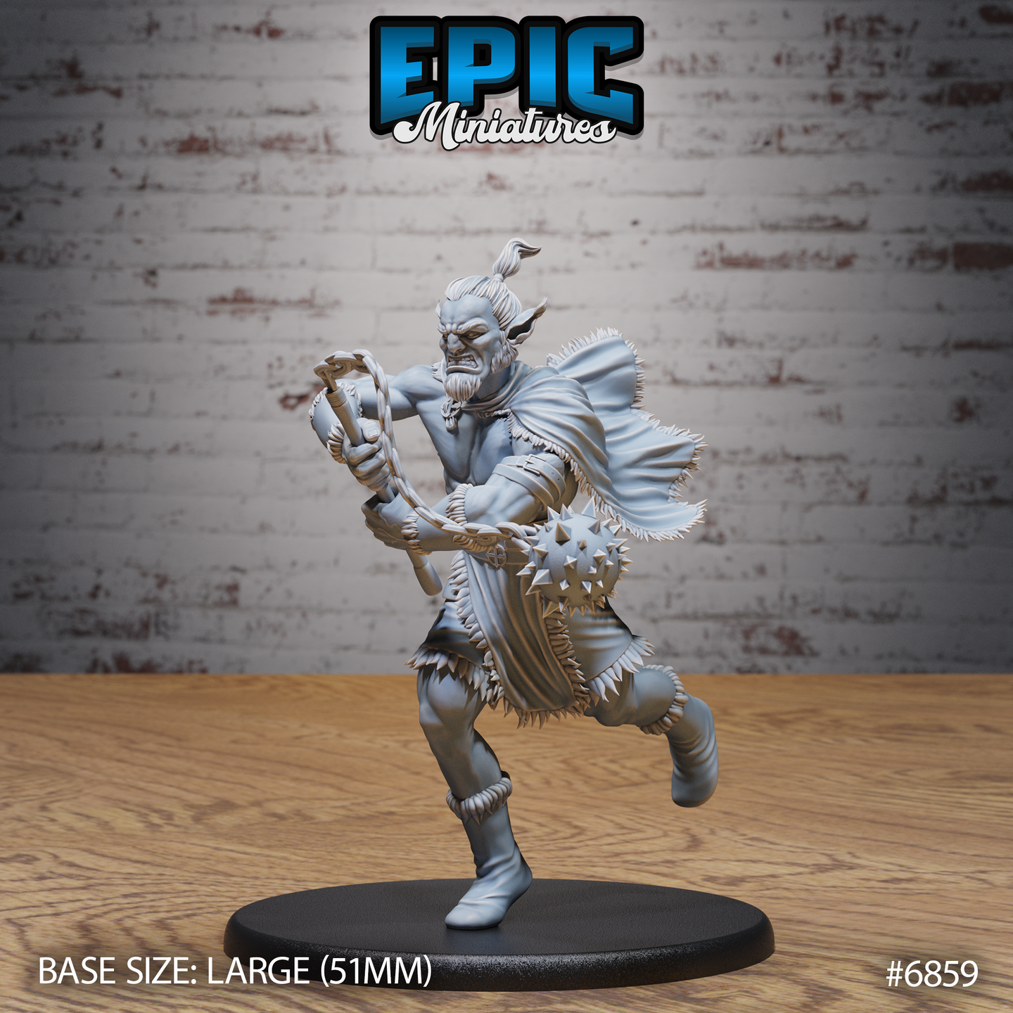 Firbolg barbarian lunging forward mid-charge, swinging a heavy spiked flail in both hands, wearing a billowing fur-trimmed cloak, fringed hide wrappings, and a ferocious snarl. Sculpt by Epic Miniatures.